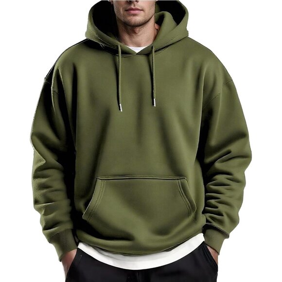 Coofandy Men Army Green Pullover Fleece Hooded Sweatshirt with Kanga Pocket - Picture 1 of 6